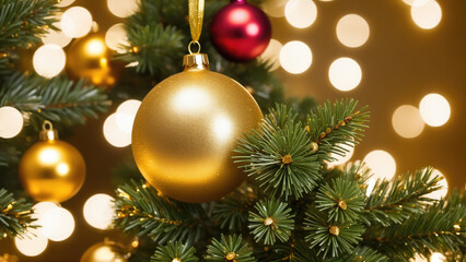 Fototapeta na wymiar A Festive Close-Up of a Christmas Tree Adorned with Colorful Ornaments