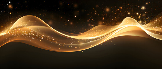 Digital golden particles wave and light abstract wide screen background with shining dots.