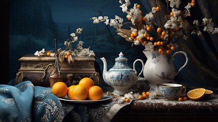 Decorative still life composition with ornate tea service and fresh oranges on a draped table for use in culinary editorial or luxury lifestyle brand campaigns. © Sundas