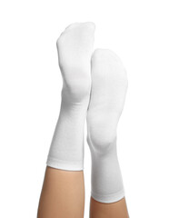 Woman in stylish socks on white background, closeup