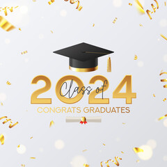 Greeting card for graduation class 2024. Vector illustration with graduation cap and golden number 2024 for decoration of degree ceremony. Congratulation of graduates 2024.