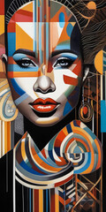 Geometric Woman in Vibrant Colors, with a headphone, Abstract Head with Shapes, Colorful Circles and Triangles Portrait, Modern Artistic Female Portrait, Mosaic of Shapes Woman's Head