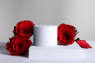 Stylish presentation for product. Beautiful red roses and geometric figures on light background