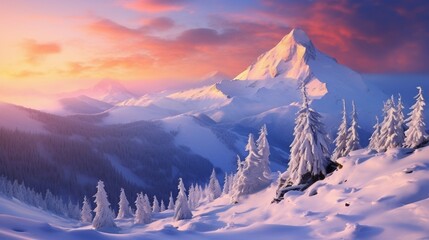 sunrise in mountains in winter session tree covered with snow generated by AI tool