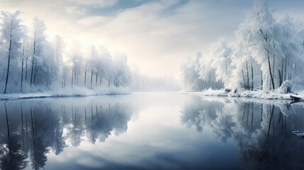 beautiful tree covered with snow in winter session with lake nature view generated by AI tool