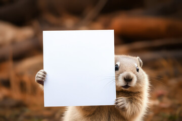 Funny baby groundhog holding a blank poster. Copy space for your text - obrazy, fototapety, plakaty