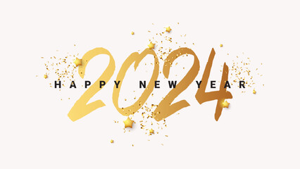 Holiday banner for New Year 2024. Festive card with symbol of 2024 New Year. Handwritten gold number 2024 with sparkling golden stars and confetti. Vector handwritten calligraphy symbol of New Year.