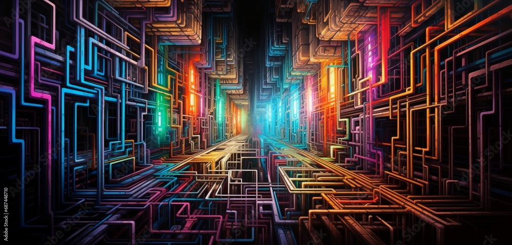 Wall mural a surreal symphony of neon lines converging and diverging, creating an intricate web of luminous pat