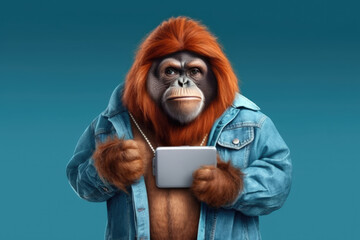 fashion model orangutan holding tablet and posing on blue background. Studio shot for advertisement, cover, print