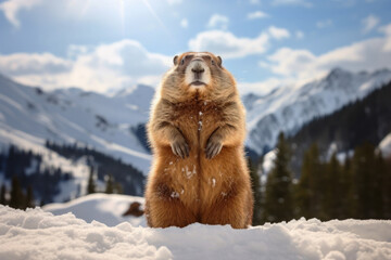 Cute groundhog standing in snow mountains