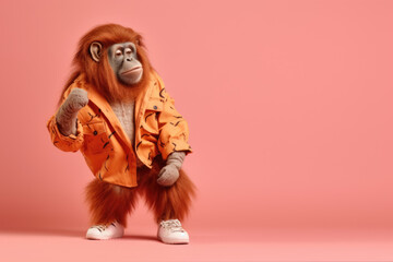 orangutan in fashion look posing like model on pink background