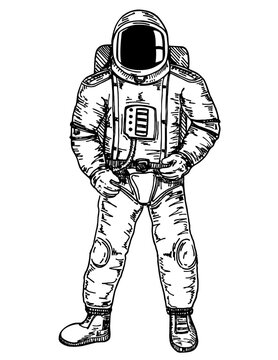 Hand drawn Astronaut with black glass on the helmet isolated on white background. Spaceman. Cosmonaut explore adventure. engraved hand drawn in old sketch, vintage style for label or T-shirt. Vector