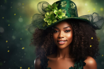 Beautiful afro american woman with red hair in green dress and green hat. Saint Patricks day - obrazy, fototapety, plakaty