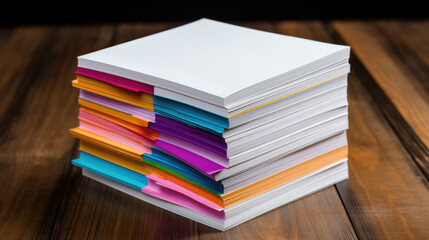 Stack of multi-colored folders and documents on a wooden office desk, indicating a substantial amount of paperwork.