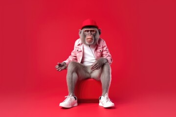 Babbon monkey posing like fashion model on red background
