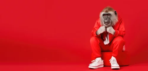 Schilderijen op glas Babbon monkey posing like fashion model on red background © gankevstock