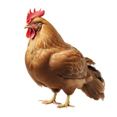 Fototapeta premium a close-up of full body of brown or red chicken hen standing isolated on a transparent PNG or white background.
