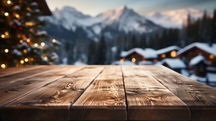 An empty wooden table with a blurred winter scene