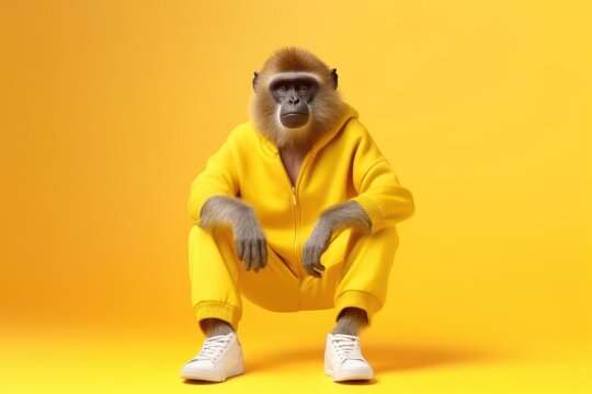 Babbon monkey posing like fashion model on yellow background