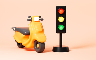 Cartoon scooter and traffic light in the yellow background, 3d rendering.