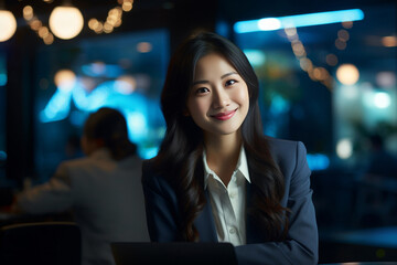 Fototapeta premium A cheerful young woman diligently typing on her laptop in a contemporary office at night, surrounded by a shimmering sea of bokeh lights. Generative AI.
