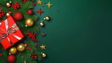 Christmas Day concept. Top view photo of big present box green red baubles gold star ornament pine cone mistletoe berries snow and fir branches made by generative ai