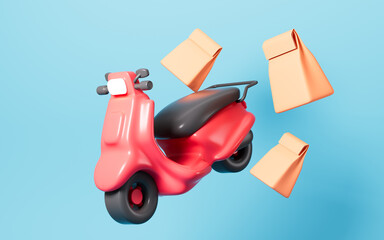 Cartoon scooter and takeout, mobile takeout, online order, 3d rendering.