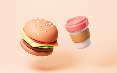 Cartoon hamburger , pizza , coffee and so on, take-out and fast food, 3d rendering.