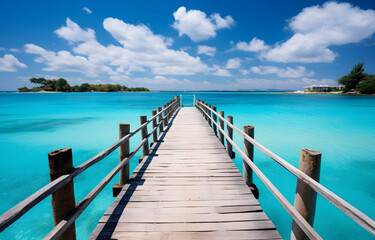 Fototapeta premium wooden bridge with beautiful turquoise ocean and island for travel vacation card design