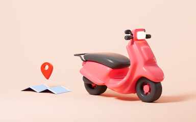 Cartoon scooter and GPS location, 3d rendering.