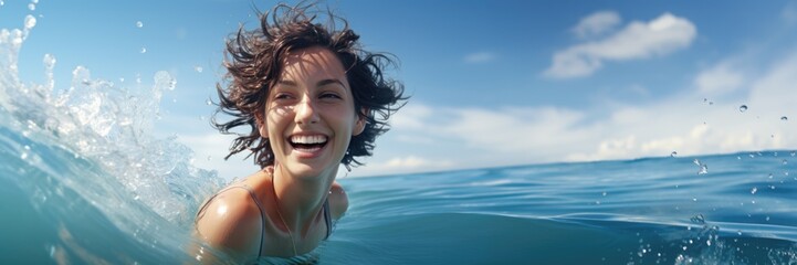 Joyful woman swimming in the sea - obrazy, fototapety, plakaty
