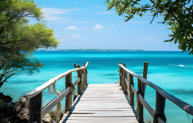 wooden bridge with beautiful turquoise ocean and island for travel vacation card design