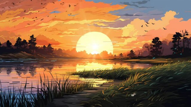 Beautiful view of nature at sunset, evening into the night. Cartoon or anime style illustration. Seamless looping time lapse video animation background. Generated with AI