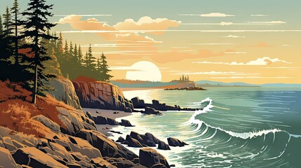 Vector style art of coast and sun