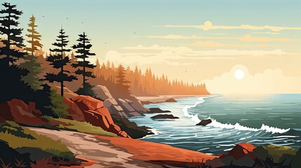 Nostalgic travel illustration depicting the Maine coast, Vector style