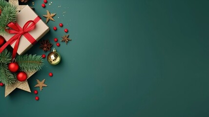 Christmas Day concept. Top view photo of big present box green red baubles gold star ornament pine cone mistletoe berries snow and fir branches made by generative ai