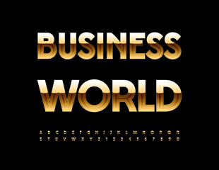 Vector trendy logo Business World. Exclusive Gold Font. Modern Alphabet Letters and Numbers set