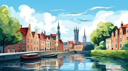 copy space, simple vector illustration, typical view of the canals in Bruges, Belgium. hand drawn, view of the typical canals in the city centre of Bruges, Belgium. Famous touristic spot. Must-see tou - obrazy, fototapety, plakaty