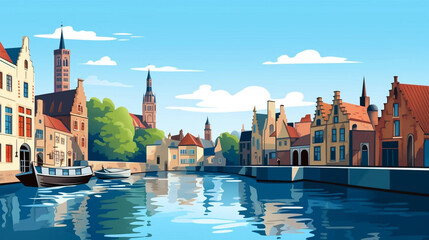 Naklejka premium copy space, simple vector illustration, typical view of the canals in Bruges, Belgium. hand drawn, view of the typical canals in the city centre of Bruges, Belgium. Famous touristic spot. Must-see tou