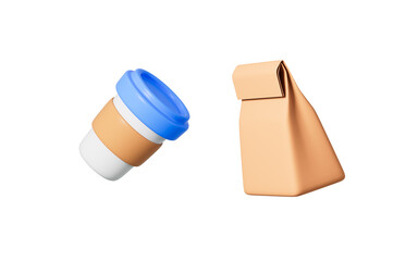 Cartoon coffee and kraft bag, take-out coffee and food, 3d rendering.