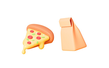 Cartoon pizza and kraft bag, take out food, 3d rendering.