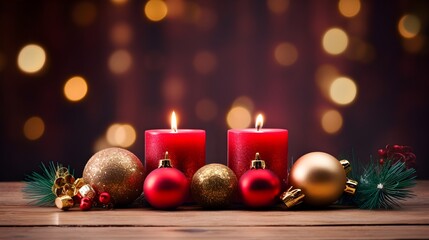 Christmas background. Red Advent candle with natural christmas decorations on rustic wood with magic lights , copy space