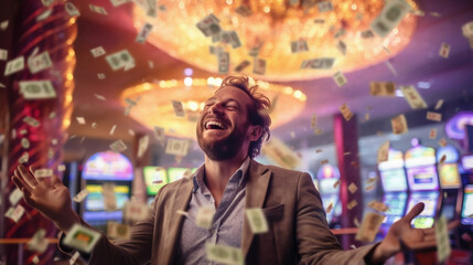 Obraz premium Homme gagnant au casino, gain en argent (pièces et billets), blackjack, roulette et machine à sous.