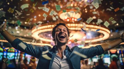 Homme gagnant au casino, gain en argent (pièces et billets), blackjack, roulette et machine à sous. - obrazy, fototapety, plakaty