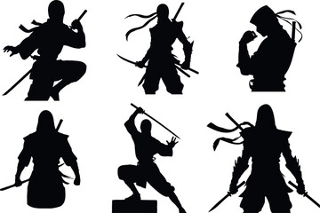 Ninja warrior vector illustration set, black silhouette, various poses, martial arts, Japanese culture, fighting, sword, throwing stars, stealth, assassin, warrior, ninja, Japan, samurai, katana, shur © Arafat