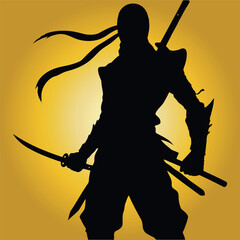 Ninja warrior silhouette vector illustration on yellow background. Black figure holding swords in fighting stance. Martial arts, Japan, Asia, warrior, fighter, assassin, stealth themes © Arafat