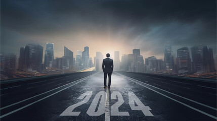 2024 New Year business vision concept .behind of business man stand on asphalt looking ahead to futuristic city with light background. - obrazy, fototapety, plakaty
