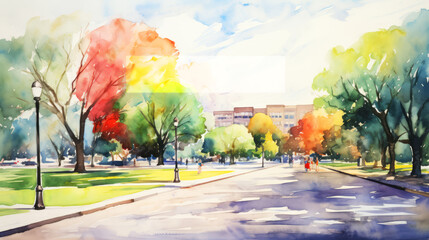 Abstract colorful watercolor painting of city street in autumn season. Digital art painting.