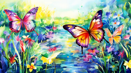 Watercolor illustration of a beautiful summer landscape with flowers and butterflies.