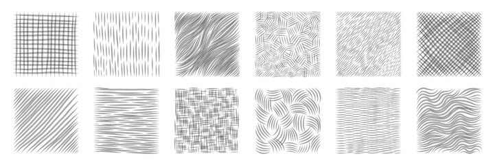 Set of hand drawn pencil crosshatch shapes. Doodle and sketch style. Black squiggle texture of rain, wood, wave. Rectangular with grunge lines.